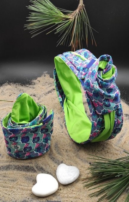 Headband femme et enfant, imprimé Lagon/ Vert Cru 