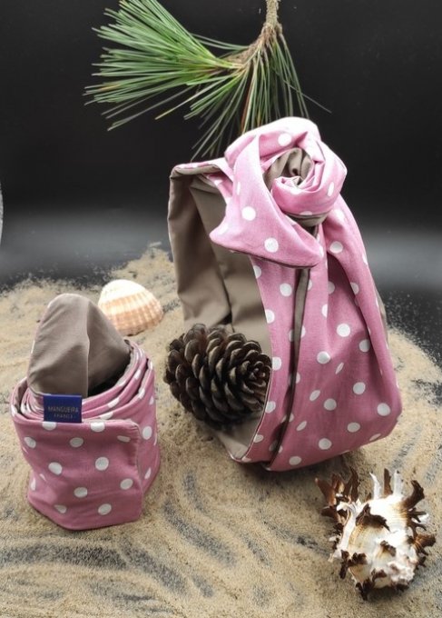 Headband femme et enfant, imprimé Pois Blancs sur fond Rose/ Taupe