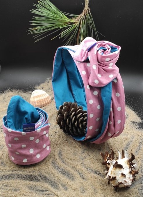 Headband femme et enfant, imprimé Pois Blancs sur fond Rose/ Vert Emeraude